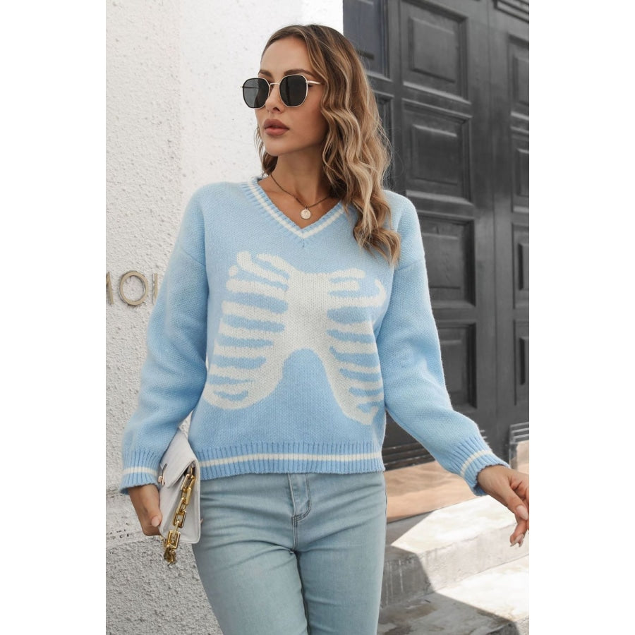 Skeleton Pattern V-Neck Long Sleeve Pullover Sweater