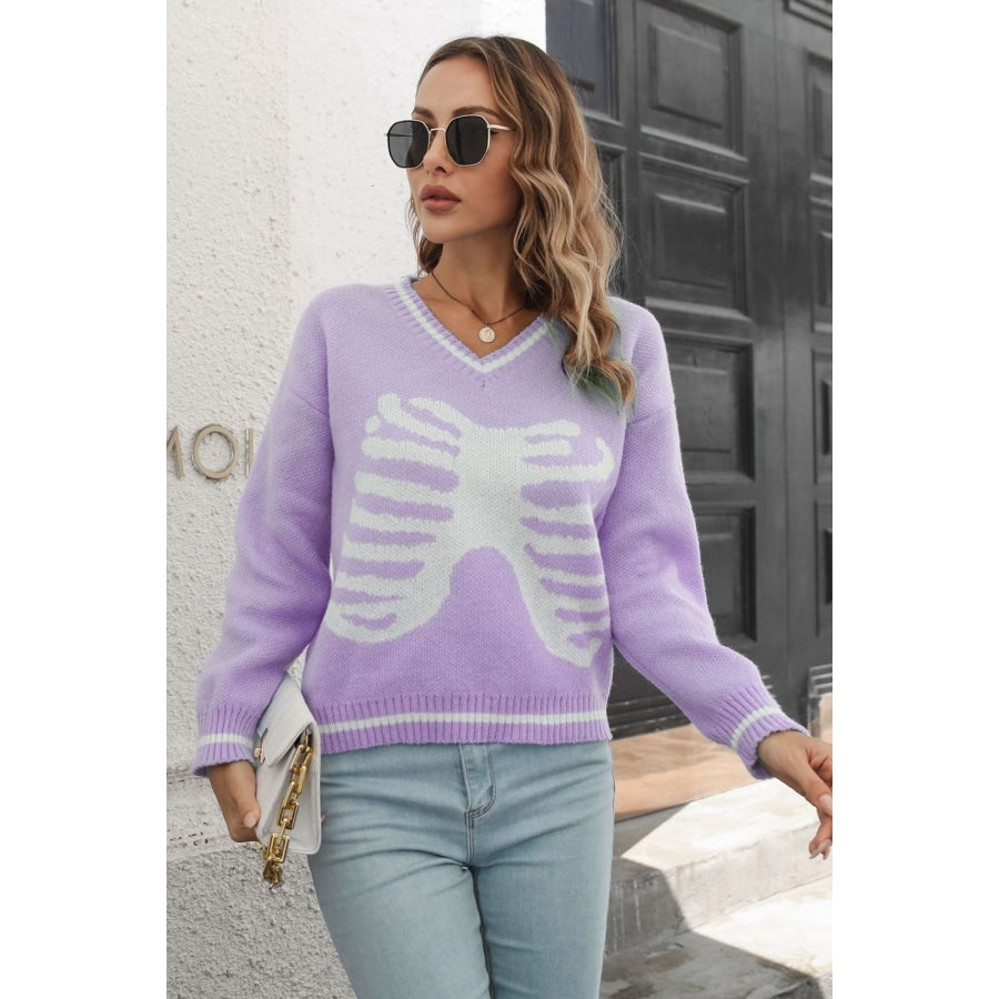 Skeleton Pattern V-Neck Long Sleeve Pullover Sweater