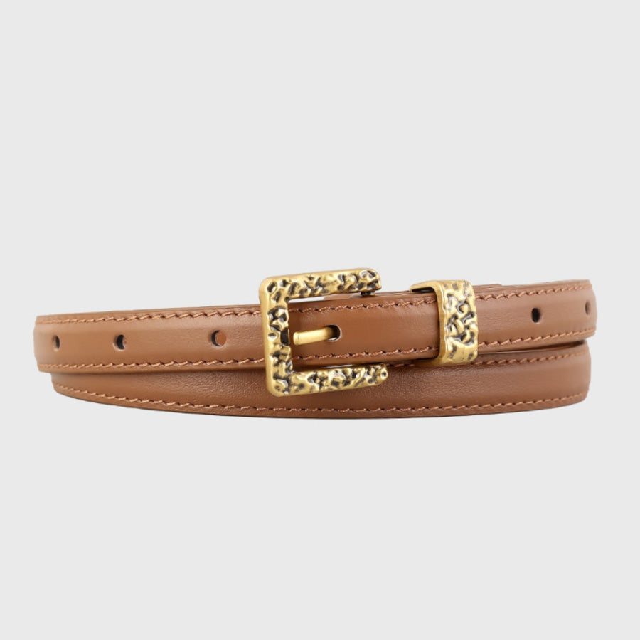 Skinny Leather Belt with Buckle Brown / One Size Apparel and Accessories