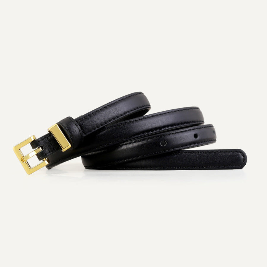 Skinny Leather Belt with Golden Buckle Black / One Size Apparel and Accessories