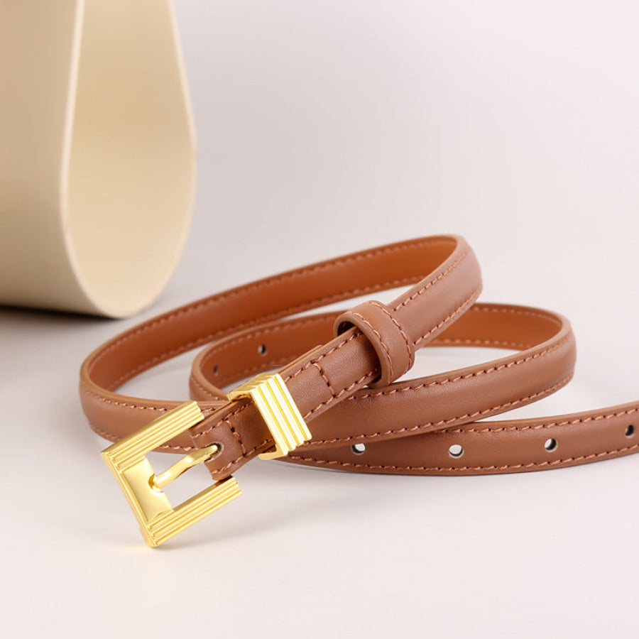 Skinny Leather Belt with Golden Buckle Brown / One Size Apparel and Accessories
