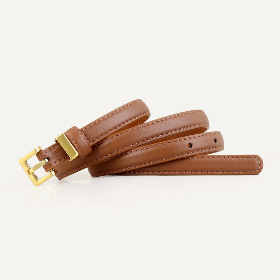 Skinny Leather Belt with Golden Buckle Brown / One Size Apparel and Accessories