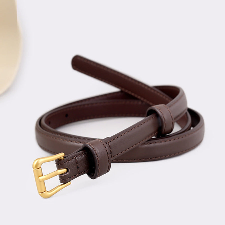 Skinny Leather Belt with Golden Buckle Brown / One Size Apparel and Accessories