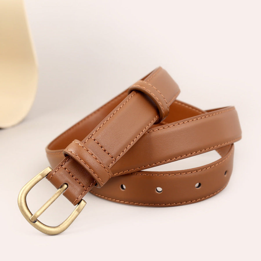 Skinny Leather Belt with Golden Buckle Brown / One Size Apparel and Accessories