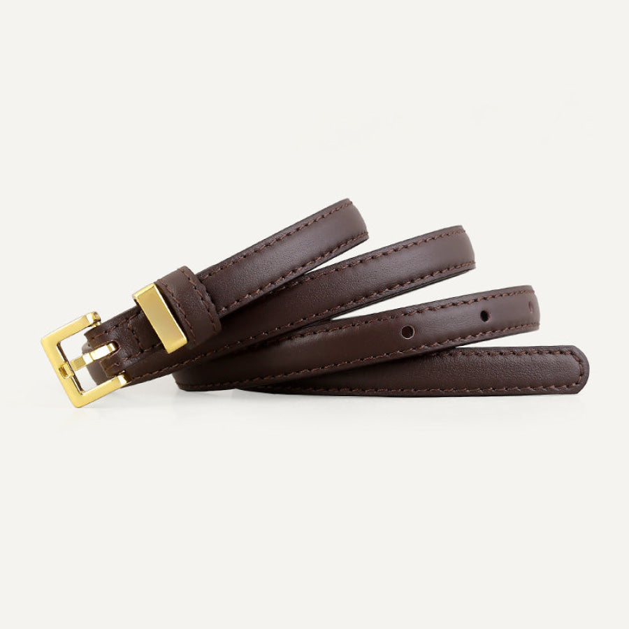 Skinny Leather Belt with Golden Buckle Coffee Brown / One Size Apparel and Accessories