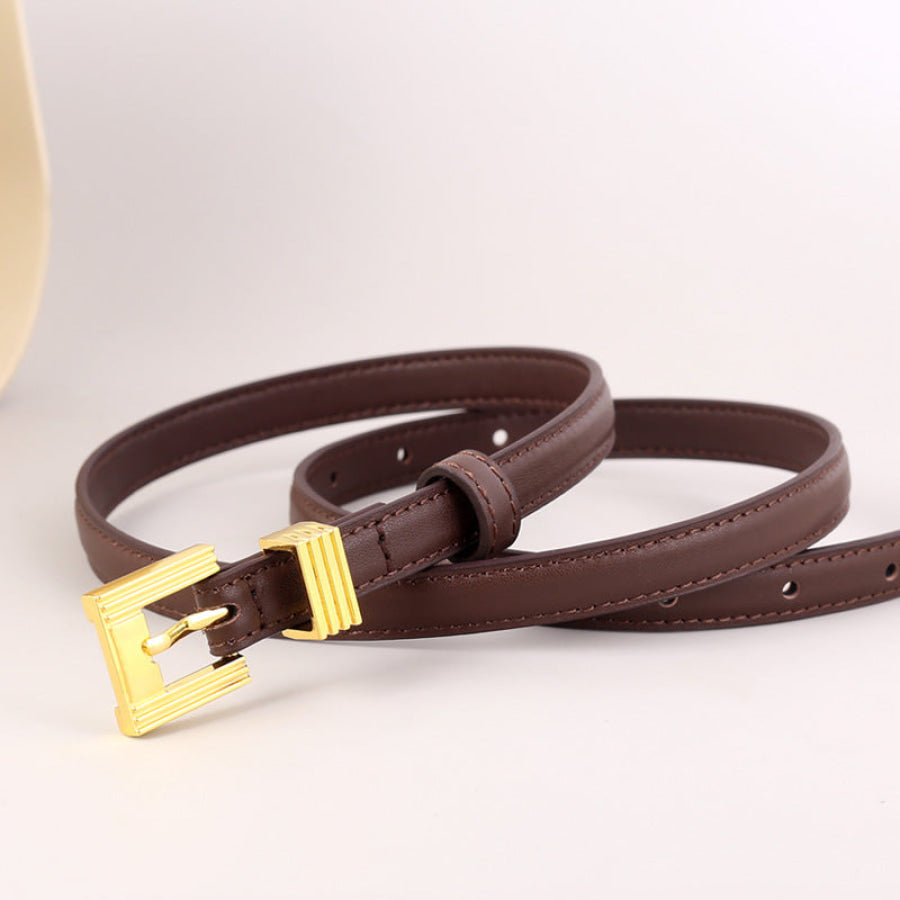 Skinny Leather Belt with Golden Buckle Coffee Brown / One Size Apparel and Accessories