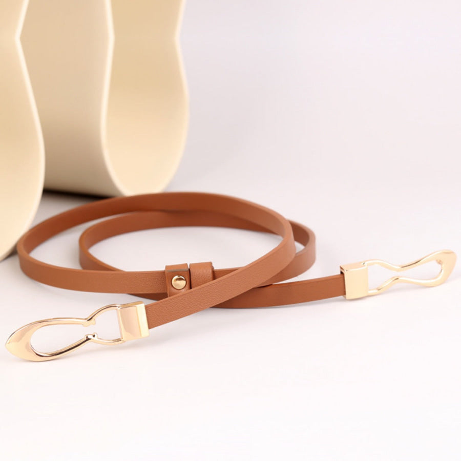 Skinny Leather Belt with Interlocking Buckle Caramel / One Size Apparel and Accessories