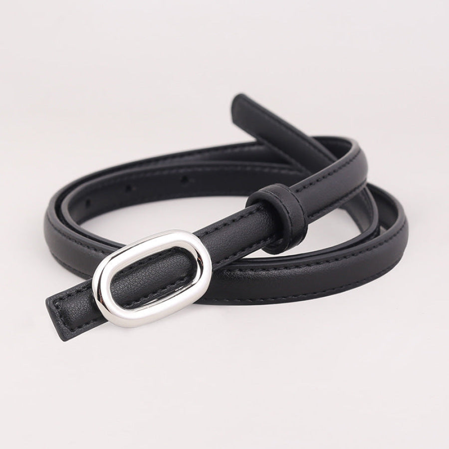 Skinny Leather Belt with Oval Buckle Black / One Size Apparel and Accessories
