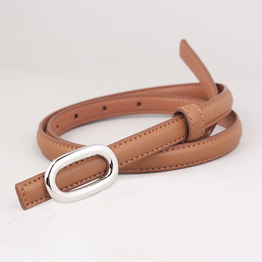 Skinny Leather Belt with Oval Buckle Brown / One Size Apparel and Accessories