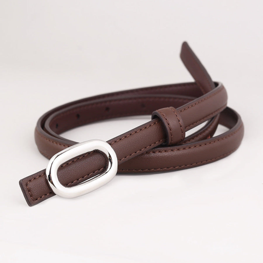 Skinny Leather Belt with Oval Buckle Coffee Brown / One Size Apparel and Accessories