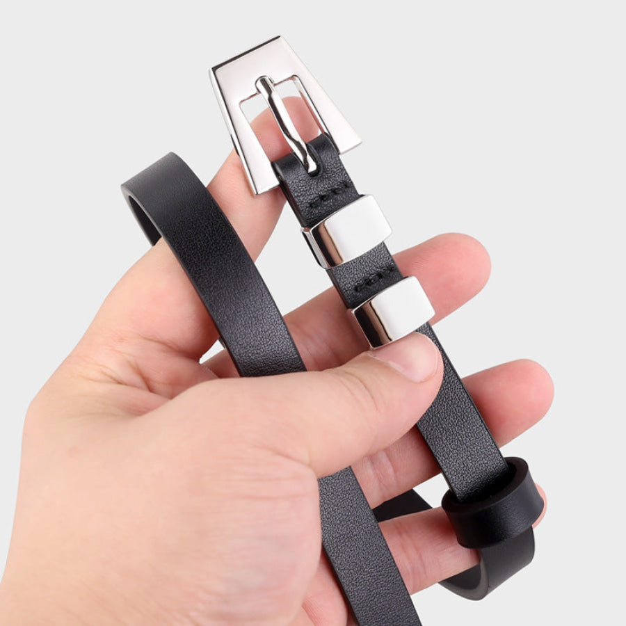Skinny Leather Belt with Silver Buckle Black / One Size Apparel and Accessories