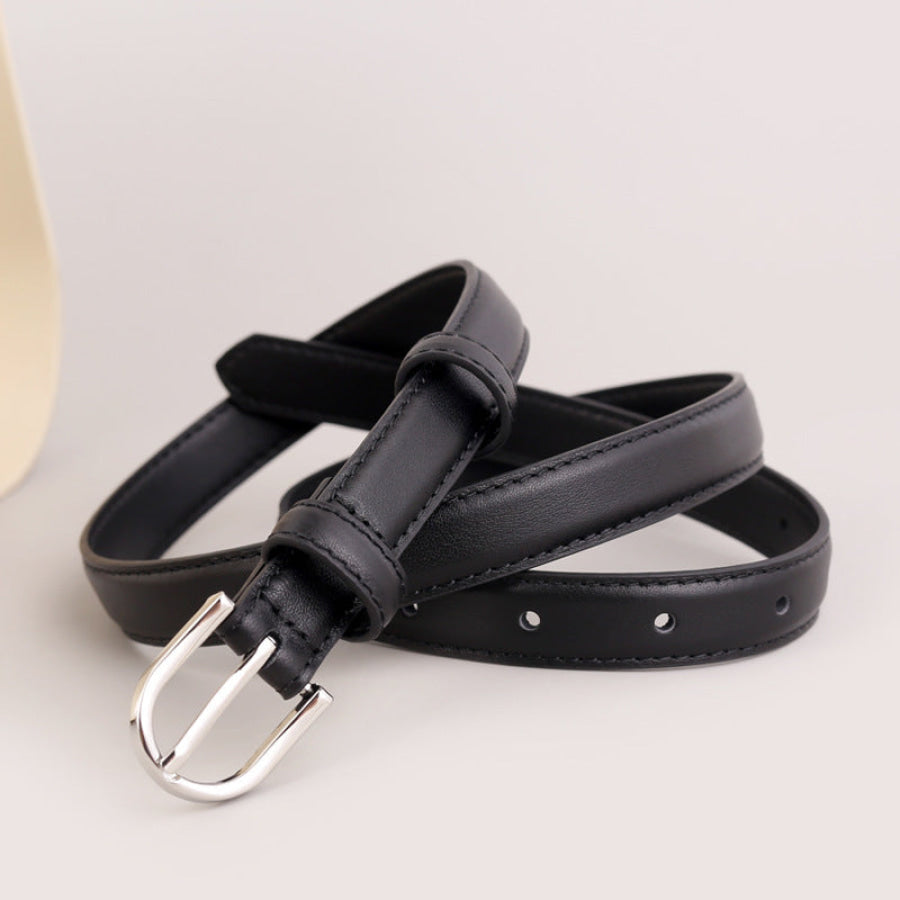 Skinny Leather Belt with Silver Buckle Black / One Size Apparel and Accessories