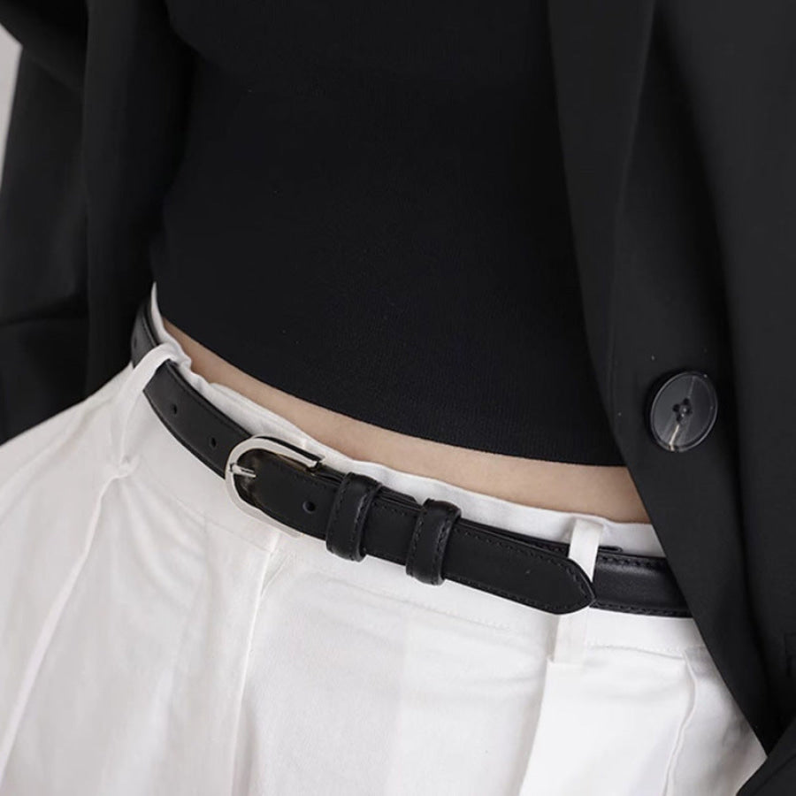 Skinny Leather Belt with Silver Buckle Black / One Size Apparel and Accessories