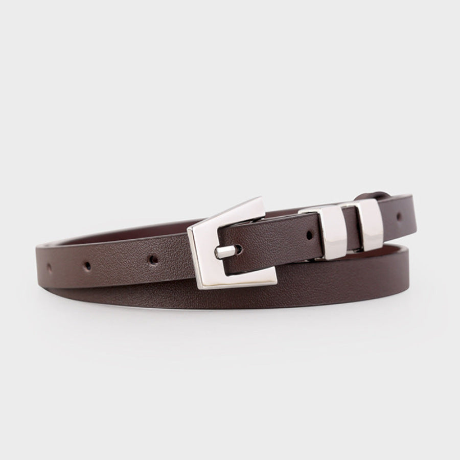 Skinny Leather Belt with Silver Buckle Brown / One Size Apparel and Accessories