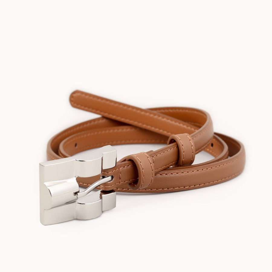 Skinny Leather Belt with Silver Buckle Brown / One Size Apparel and Accessories