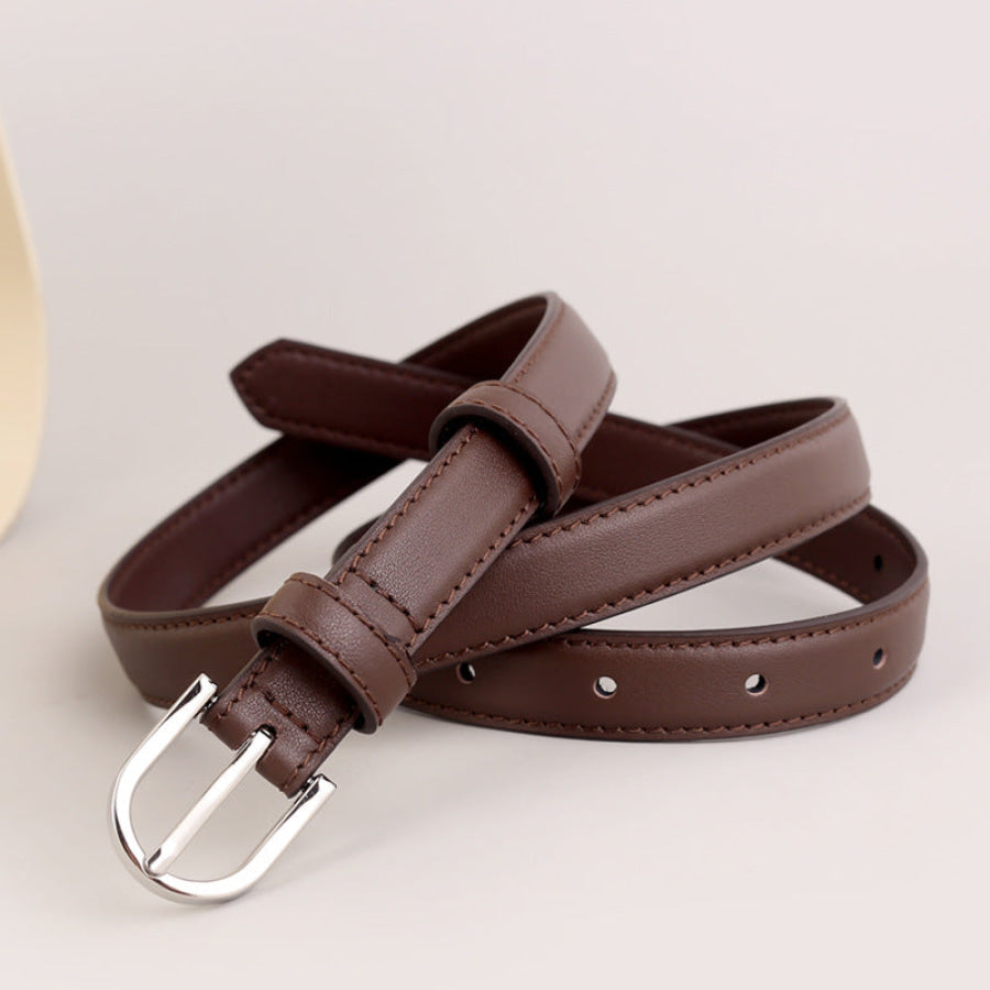 Skinny Leather Belt with Silver Buckle Brown / One Size Apparel and Accessories