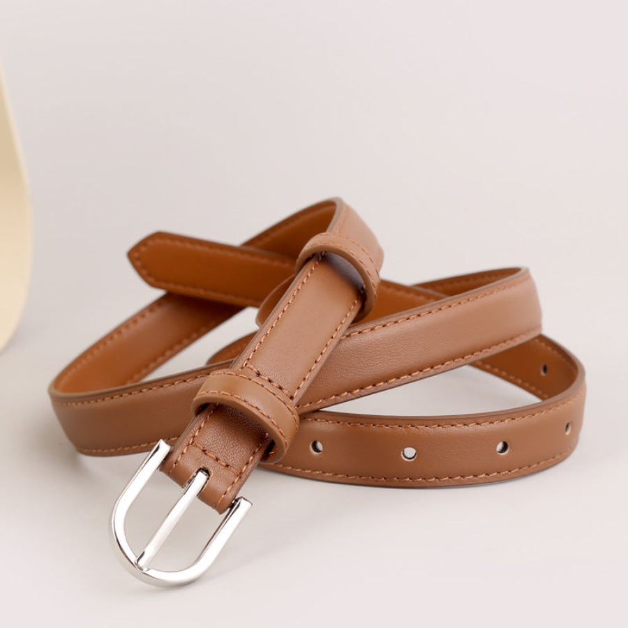Skinny Leather Belt with Silver Buckle Caramel / One Size Apparel and Accessories