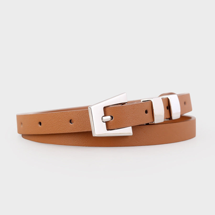 Skinny Leather Belt with Silver Buckle Caramel / One Size Apparel and Accessories