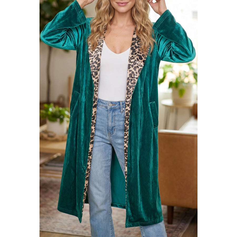 Skobeloff Velvet Contrast Leopard Print Lapel Collar Open Front Cardigan Skobeloff / S / 95% Polyester + 5% Elastane Sweaters &