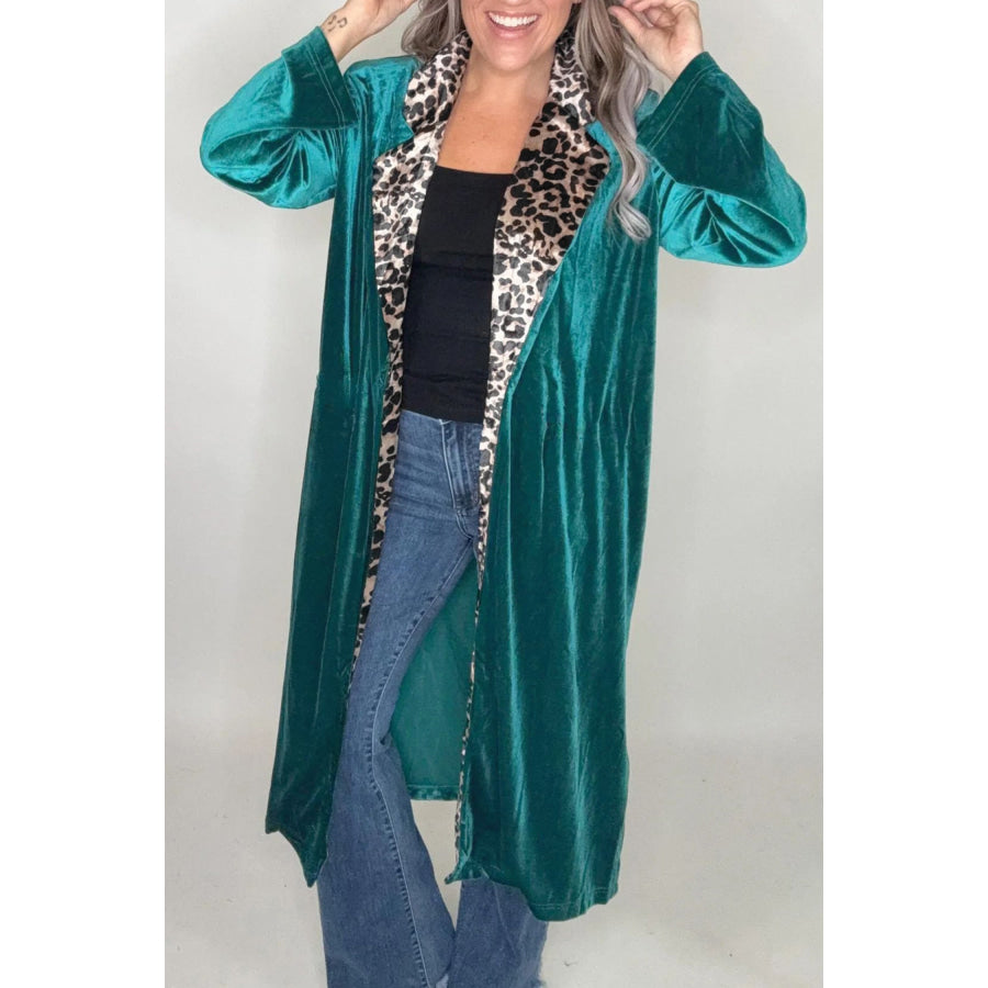 Skobeloff Velvet Contrast Leopard Print Lapel Collar Open Front Cardigan Sweaters & Cardigans/Cardigans