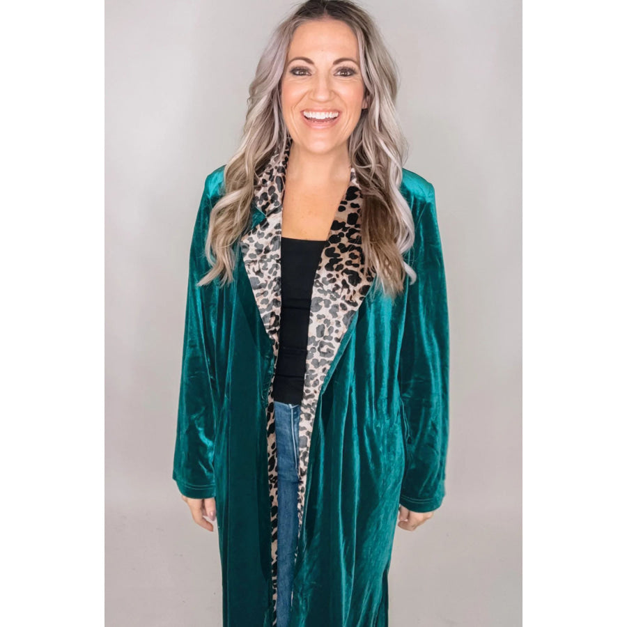 Skobeloff Velvet Contrast Leopard Print Lapel Collar Open Front Cardigan Sweaters & Cardigans/Cardigans