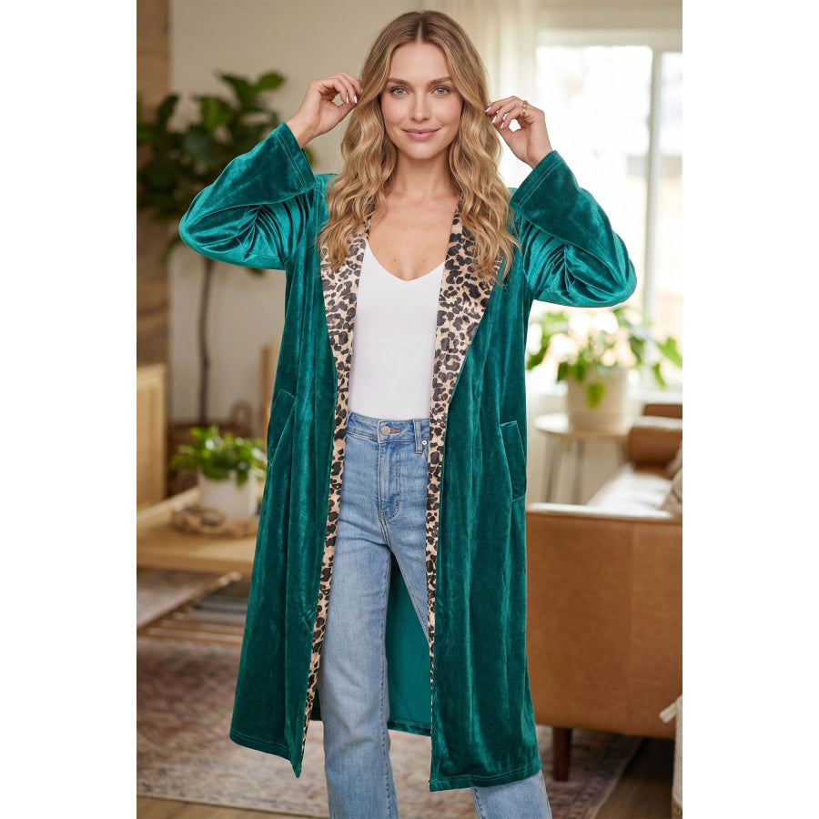 Skobeloff Velvet Contrast Leopard Print Lapel Collar Open Front Cardigan Sweaters & Cardigans/Cardigans