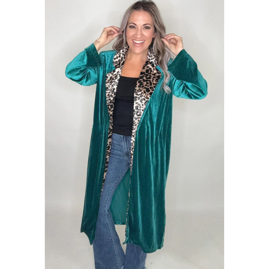 Skobeloff Velvet Contrast Leopard Print Lapel Collar Open Front Cardigan Sweaters & Cardigans/Cardigans