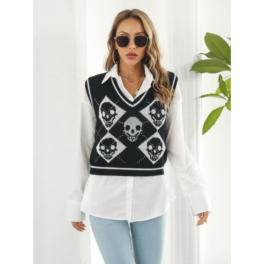 Skull Contrast V-Neck Sweater Vest Black / S