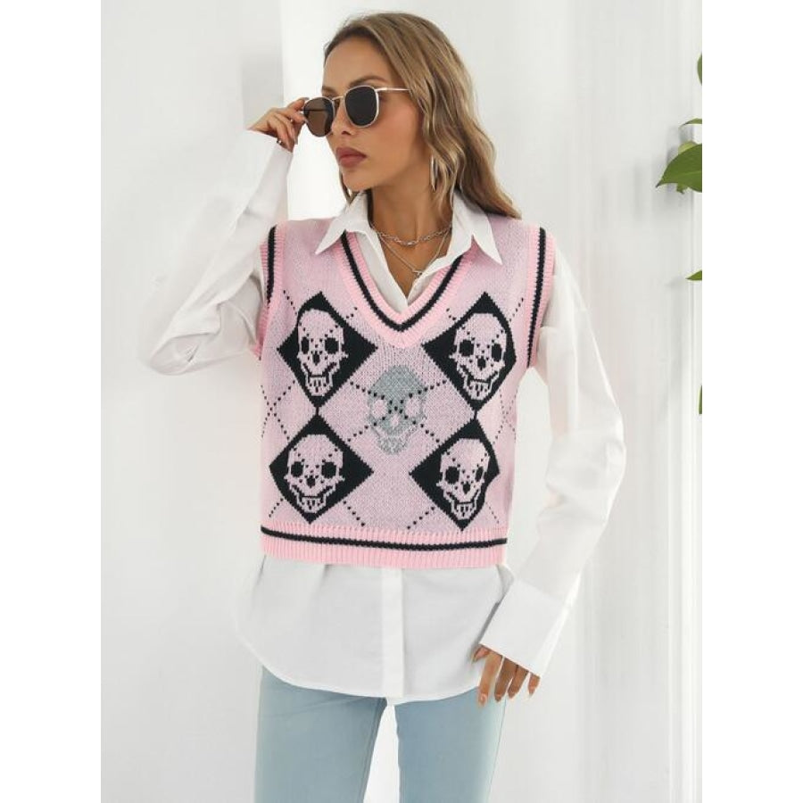 Skull Contrast V-Neck Sweater Vest Blush Pink / S