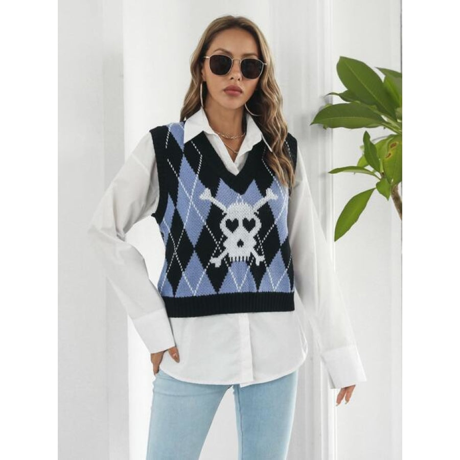 Skull Geometric V-Neck Sweater Vest Black / S