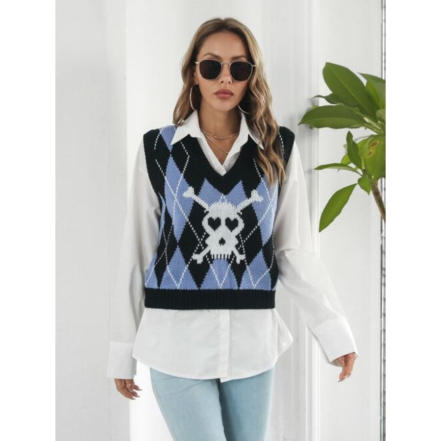 Skull Geometric V-Neck Sweater Vest