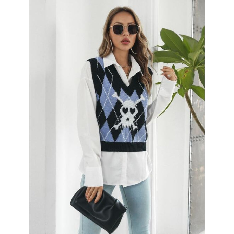 Skull Geometric V-Neck Sweater Vest