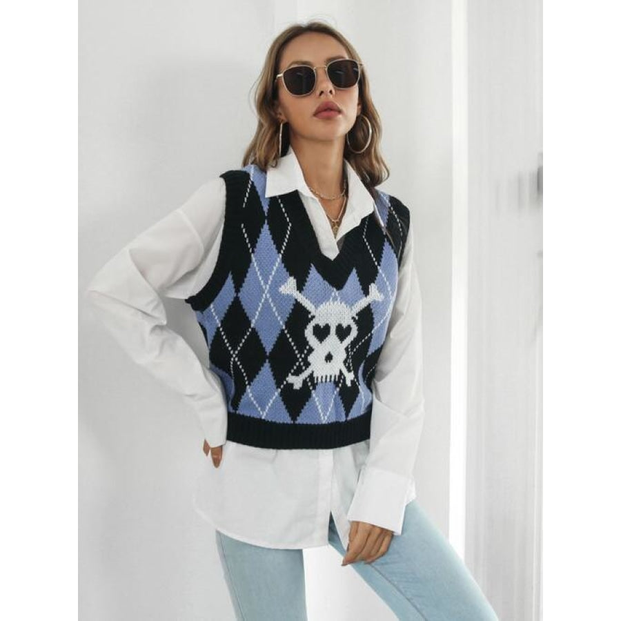 Skull Geometric V-Neck Sweater Vest