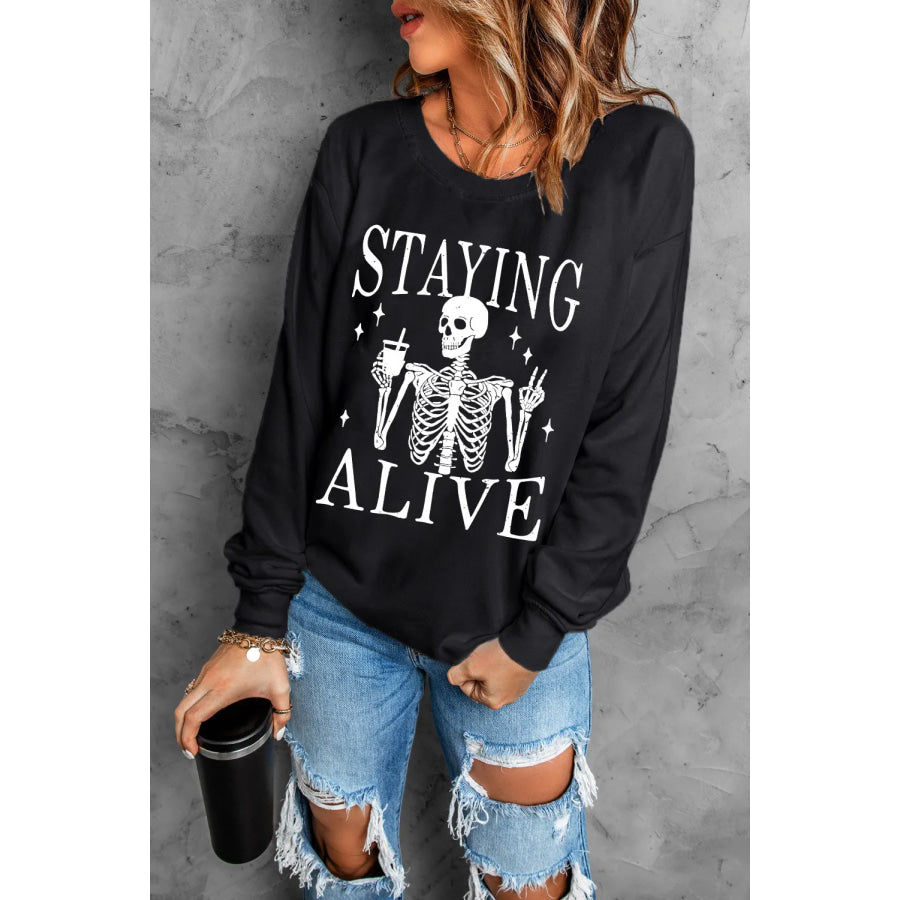 Skull Graphic Round Neck Long Sleeve Sweatshirt Apparel and Accessories