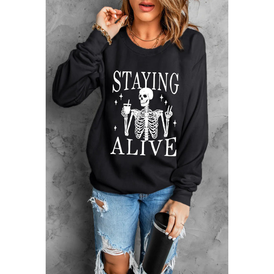 Skull Graphic Round Neck Long Sleeve Sweatshirt Black / S Apparel and Accessories