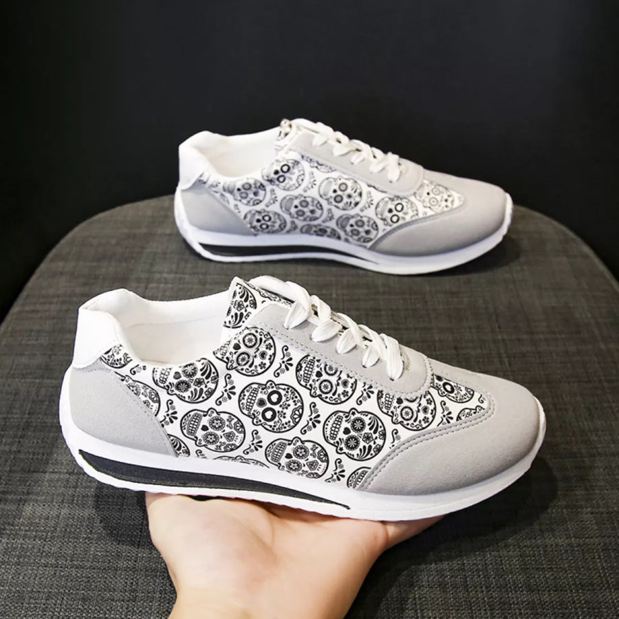 Skull Print Lace-Up Sneakers Apparel and Accessories