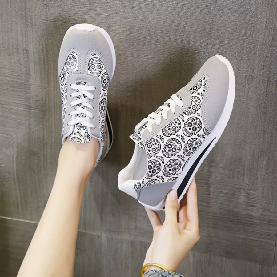 Skull Print Lace-Up Sneakers Apparel and Accessories