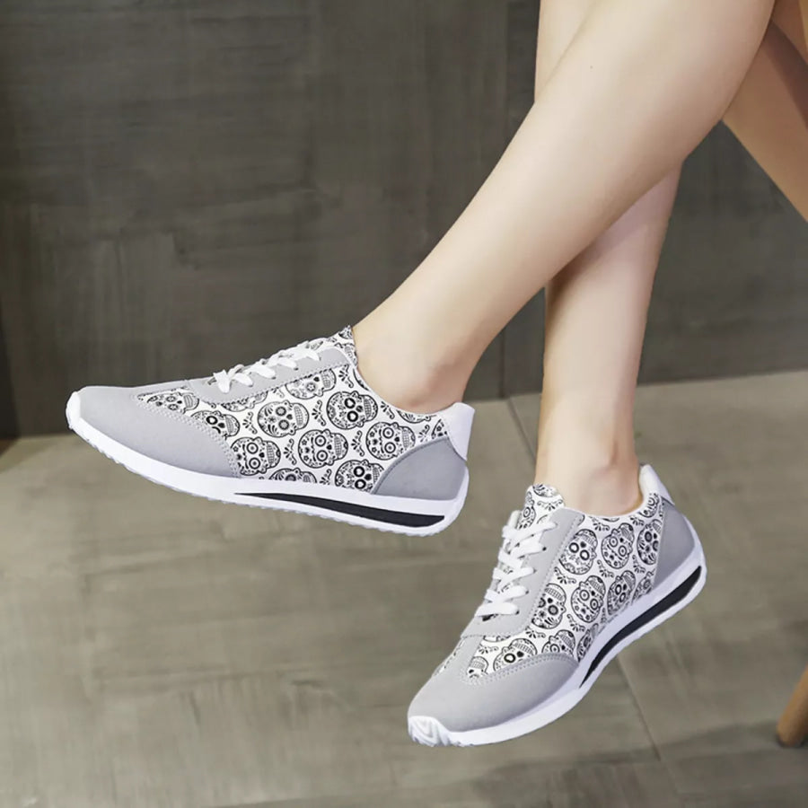 Skull Print Lace-Up Sneakers Apparel and Accessories