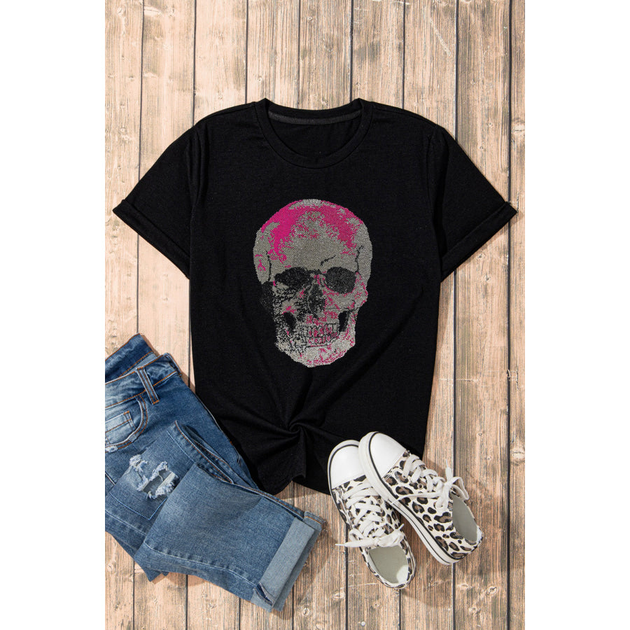 Skull Round Neck Short Sleeve T-Shirt Apparel and Accessories