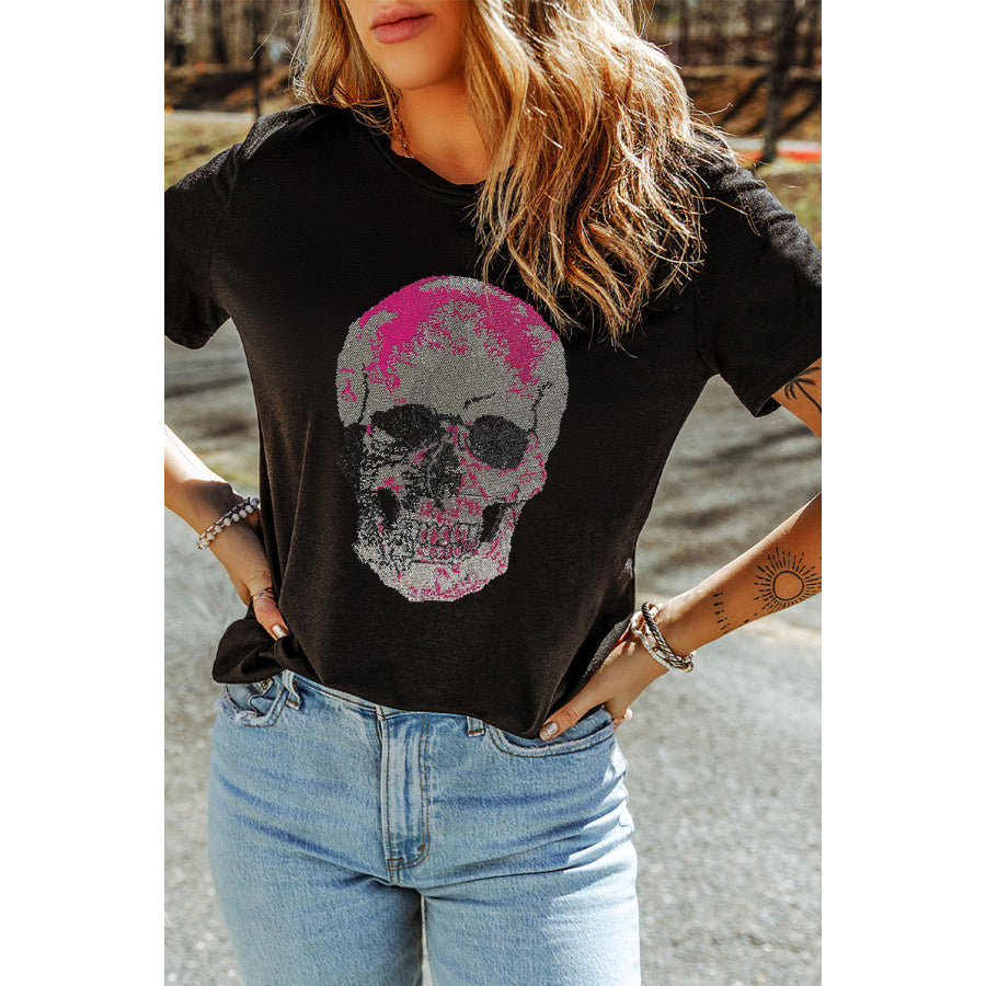 Skull Round Neck Short Sleeve T-Shirt Black / S Apparel and Accessories