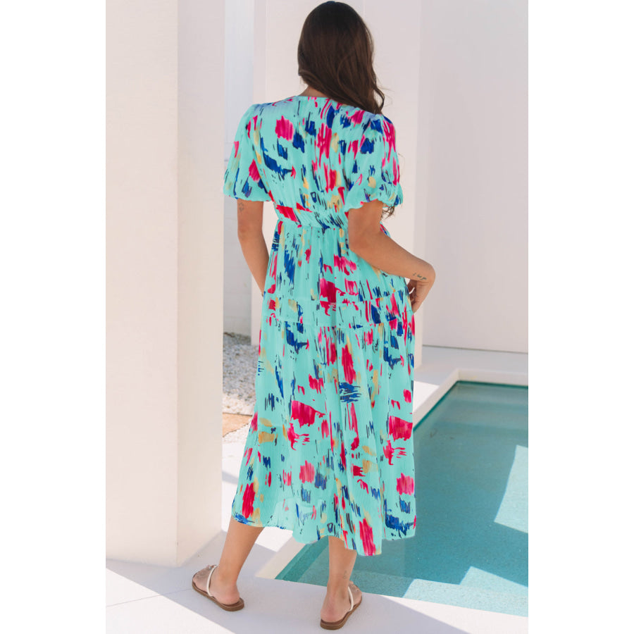 Sky Blue Abstract Print Short Puff Sleeve Tiered Maxi Dress Dresses/Maxi Dresses