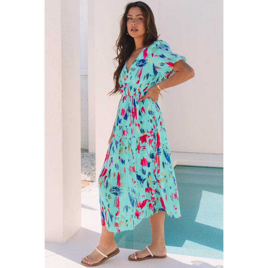 Sky Blue Abstract Print Short Puff Sleeve Tiered Maxi Dress Dresses/Maxi Dresses