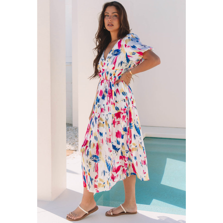 Sky Blue Abstract Print Short Puff Sleeve Tiered Maxi Dress Dresses/Maxi Dresses