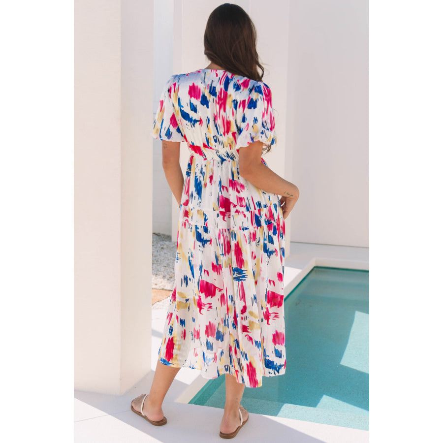 Sky Blue Abstract Print Short Puff Sleeve Tiered Maxi Dress Dresses/Maxi Dresses