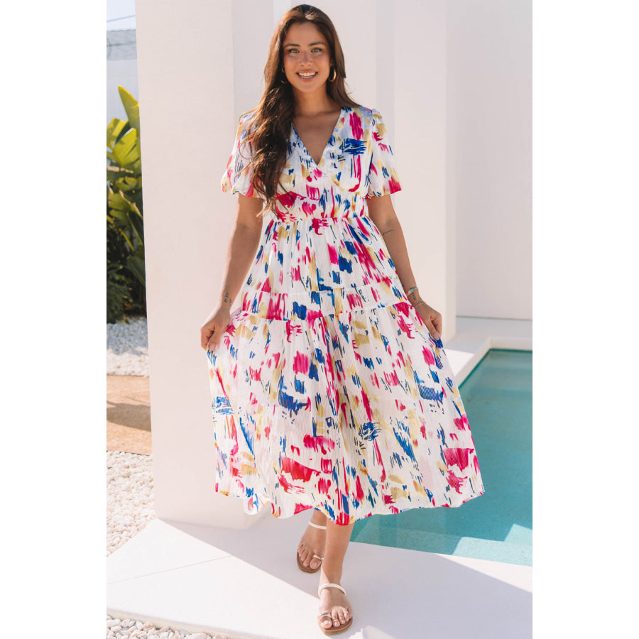Sky Blue Abstract Print Short Puff Sleeve Tiered Maxi Dress Rose / S / 100% Polyester Dresses/Maxi Dresses