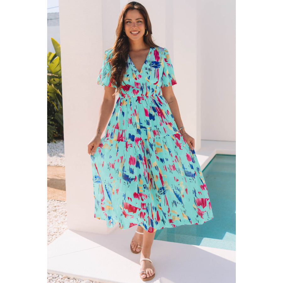 Sky Blue Abstract Print Short Puff Sleeve Tiered Maxi Dress Sky Blue / S / 100% Polyester Dresses/Maxi Dresses