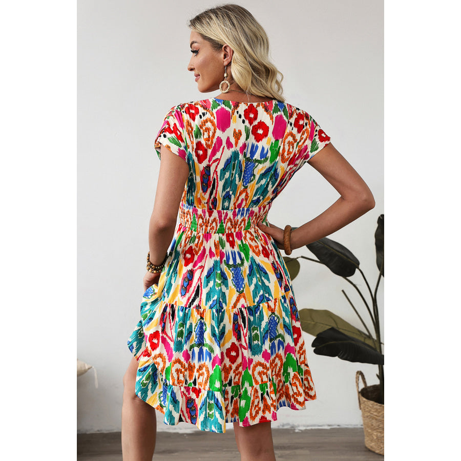 Sky Blue Abstract Print V Neck Dolman Sleeve Ruffle Tiered Mini Dress Dresses/Mini Dresses