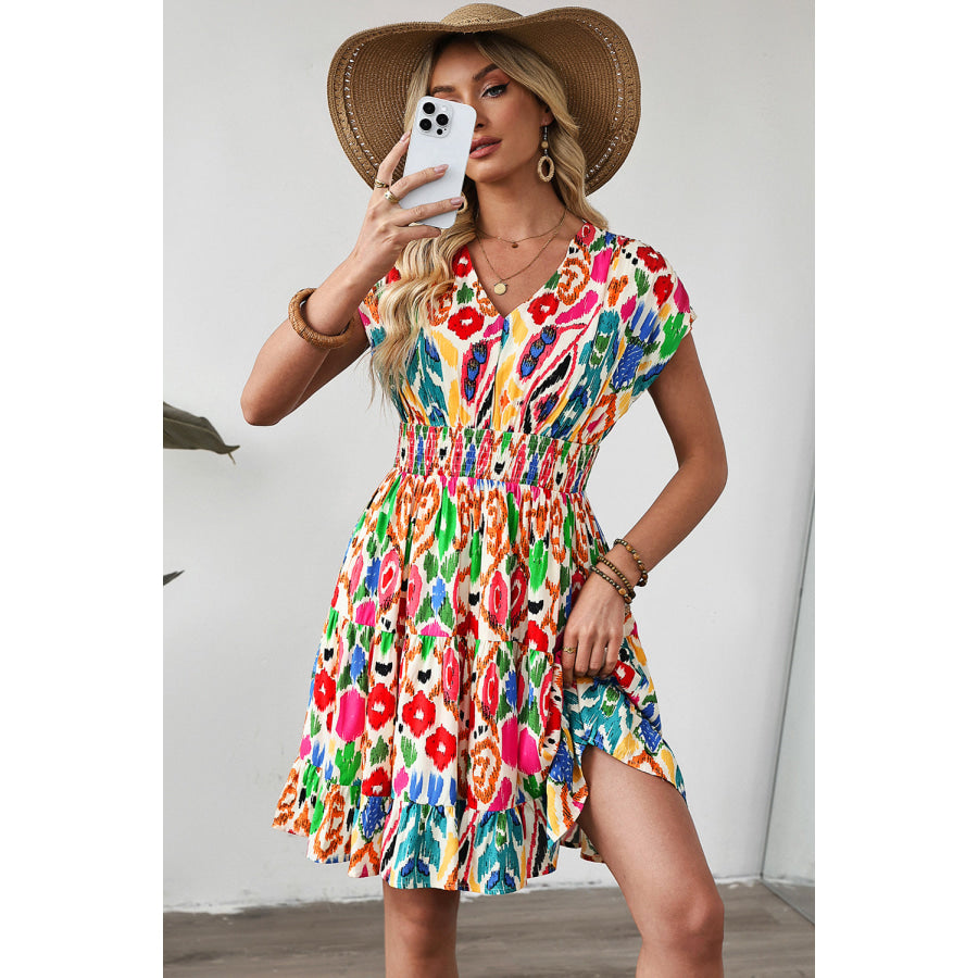 Sky Blue Abstract Print V Neck Dolman Sleeve Ruffle Tiered Mini Dress Dresses/Mini Dresses
