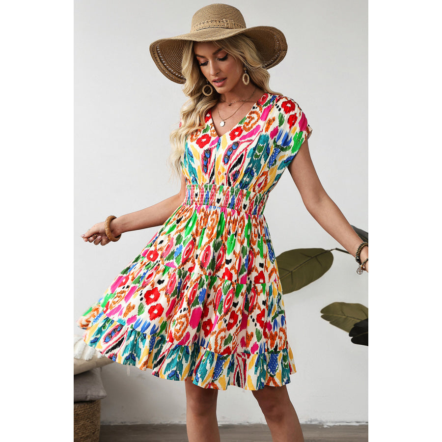 Sky Blue Abstract Print V Neck Dolman Sleeve Ruffle Tiered Mini Dress Dresses/Mini Dresses