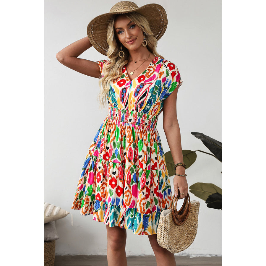 Sky Blue Abstract Print V Neck Dolman Sleeve Ruffle Tiered Mini Dress Dresses/Mini Dresses